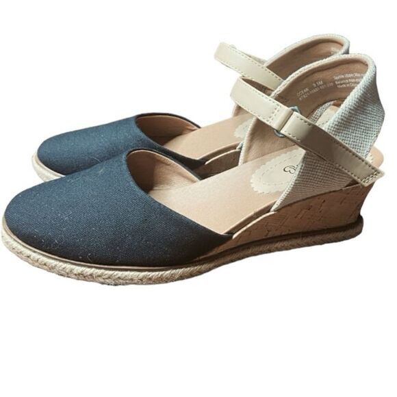 Baretraps Wm’s Sz 9.5 Black Ocean Closed Ankle Strap Toe Canvas Wedge Sandals - Picture 5 of 9